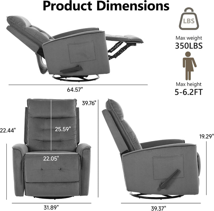 Swivel Rocker Recliner Chair, Rocking Chair, Small Swivel Recliner for Small Spaces, Living Room, Rv(Dark Grey)