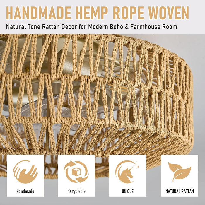Boho Caged Rattan Fandelier Ceiling Fans with Lights and Remote Control