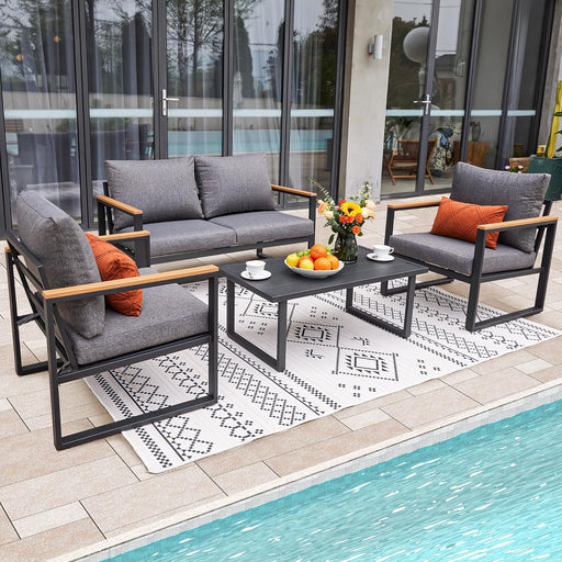 Patio Furniture Set, 4 Pieces Outdoor Patio Furniture with Table Set, Metal Patio Conversation Sets with Washable and High-Resiliency Sponge Cushions, Grey