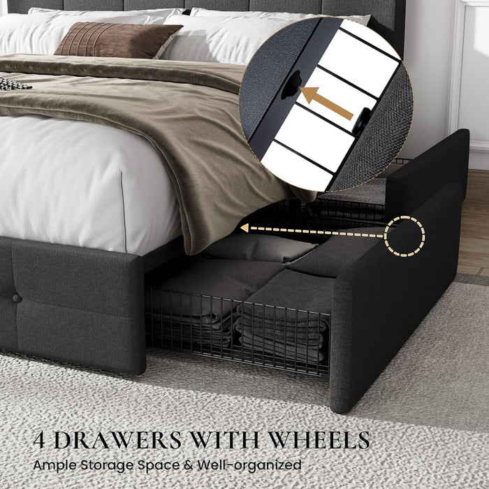 Upholstered Queen Size Platform Bed Frame with 4 Storage Drawers, Adjustable Headboard with Square Stitched Button Tufted Design, Wooden Slat Support, No Box Spring Needed, Dark Grey