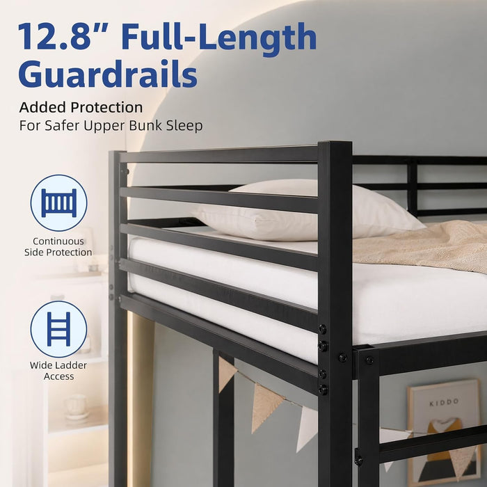 Twin over Twin Low Profile Metal Bunk Bed for Kids & Teens | 53.9" Low Profile, 400 Lbs Each Bunk, 12.8" Guardrails, Quiet Steel Frame, No Box Spring