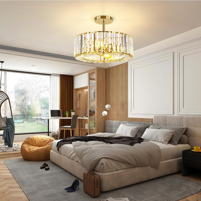 4-Light Crystal Ceiling Light Fixture - 14.56 Inch Modern Semi Flush Mount Ceiling Light Crystal Chandelier for Kitchen Bedroom Dinning Room Hallway - Gold