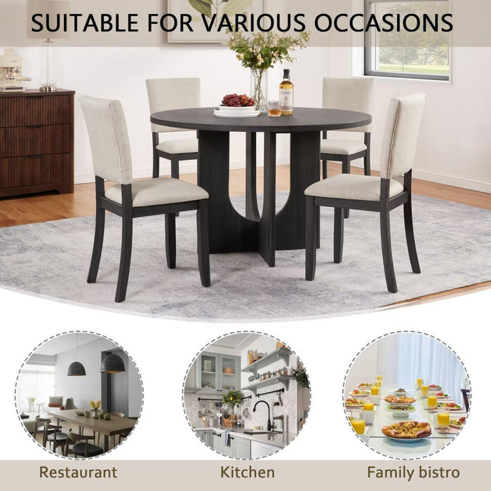 47.3" round Dining Set with 4 Upholstered Dining Chairs, Modern Dining Table Set for 4, 5-Piece round Dining Table Set for Living Room, Kitchen, Antique Black & Beige