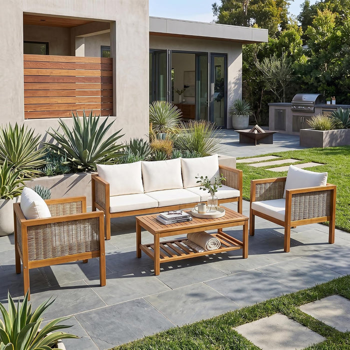 4 Piece Outdoor Conversation Set, Patio Sofa Set with Coffee Table