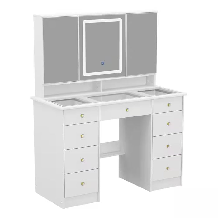 White Makeup Vanity Desk 9 Drawers Wood Dressing Table with 3 Mirrors, Glass Top, Hidden Storage Shelves, LED Lighted