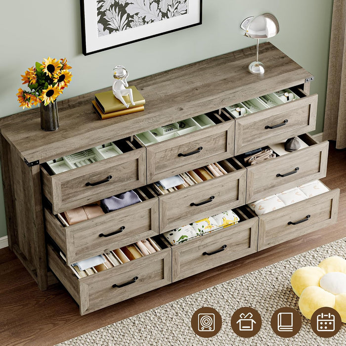9-Drawer Dresser for Bedroom, Modern Wooden Chest of Drawers with Metal Handles, Anti-Tipping Design, Sturdy and Stable Storage Organizer for Living Room, Entryway, Home Office