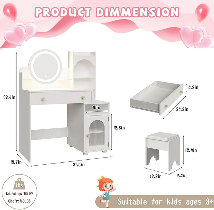 Kids Vanity Table and Chair Set, Toddler Dressing Table for 5-12 Year Old Little Girls, 2 in 1 Princess Makeup Vanity with Mirror & Lights, Wooden Pretend Play Vanity Desk, White