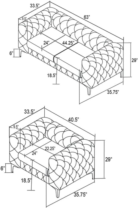 3-Piece Couches Velvet Fabric Living Room Furniture Set -Black