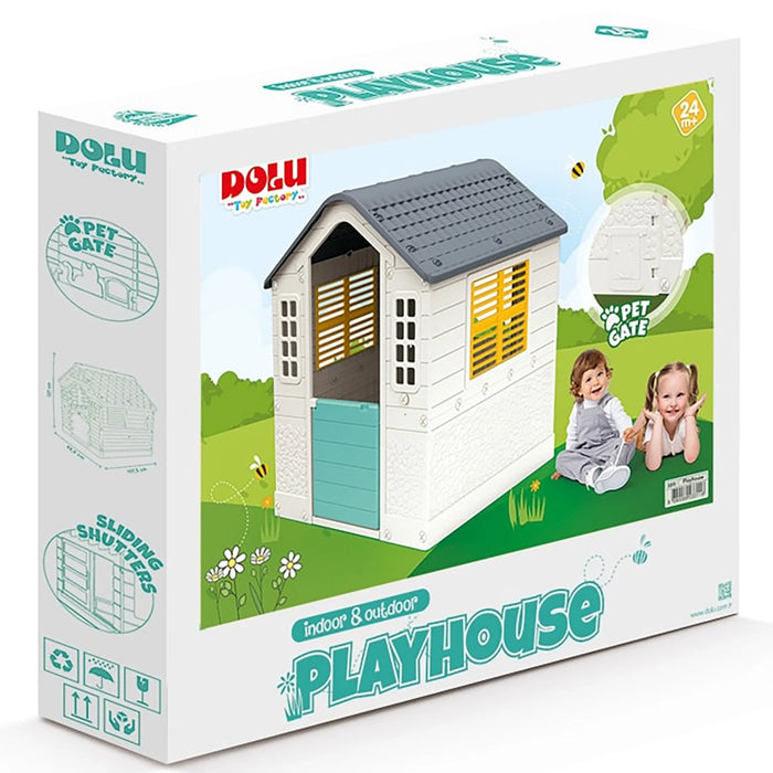 : Playhouse - White, Green, Yellow - Indoor & Outdoor Toy, Pretend Play, Sliding Shutters, Pet Gate, Waterproof Plastic, Toddler & Kids Ages 2+