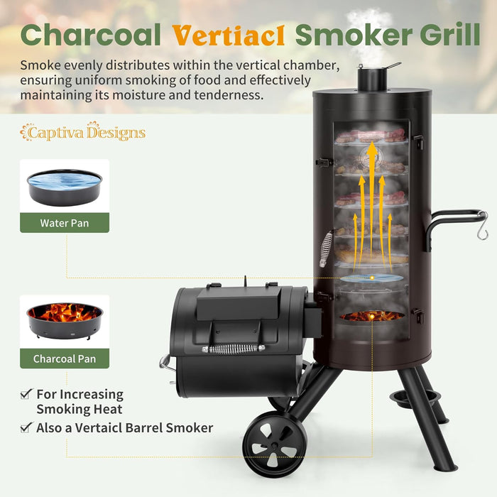Charcoal Vertical Smoker Grill and Offset Smoker Grill Combo, Extra Large Outdoor Barrel BBQ Meat Smoker with 5 Removable Smoking Grates & Built-In Hooks for Various Meat Foods