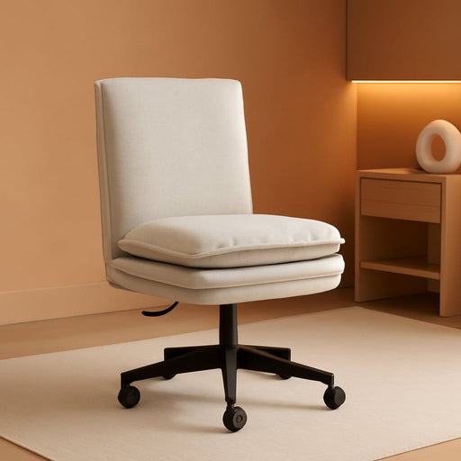 Cloud Criss Cross Legged Chair,18" High Back Armless Home Office Desk Chair with Wheels,Wide Adjustable Comfy Padded Seat Task Computer Chair,Modern Swivel Makeup Vanity Chair,Fabric,Beige