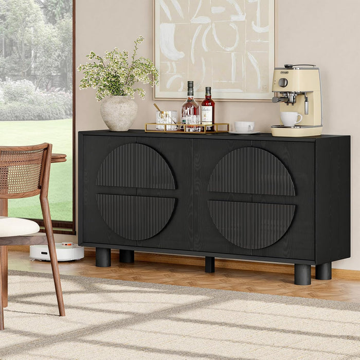 63 Inch Fluted Buffet Cabinet W/Storage, Push-Spring Doors, Black