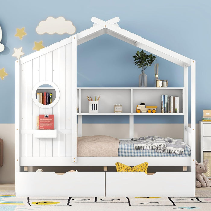 White Twin HouseShaped Bed Frame With StorageSpace