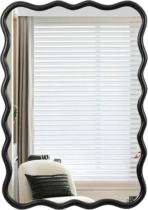 28X40 Inch Wavy Wood Mirror for Wall, Black Solid Wood Frame