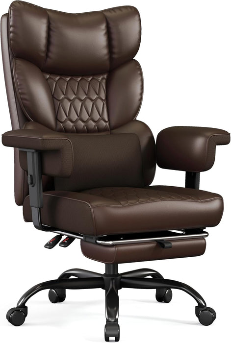 Big and Tall Office Chair with Footrest, High Back Executive Desk Chair with Adjustable Lift Armrest, 155°Recline, Lumbar Support Pillow, Faux Leather Gaming Chairs for Home or Office Brown