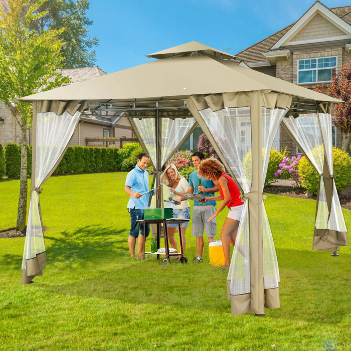 10'X10' Outdoor Gazebo Canopy, Canopy Tent with Mosquito Netting,Screened Gazebo with Corner Shelf Stable Steel Frame Double Roof Tops, Shade Tent for Party, Backyard, Patio Lawn, Garden,Khaki