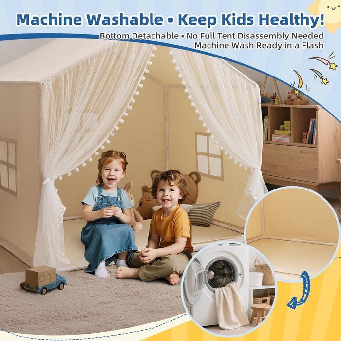 Large Kids Play Tent, 55.1In Length, Fits 3-4 Children,Indoor Playhouse for Kids, with Padded Mat and Lights, Bed Tent for Toddler, Birthday for Boys Girls