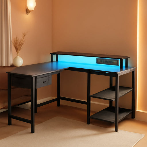 47 Inch Reversible L Shaped Desk with LED Lights & Power Outlets, Computer Desk with Shelves & Monitor Stand, Gaming Desk with Drawer, Home Office Desk Corner Desk, Grey