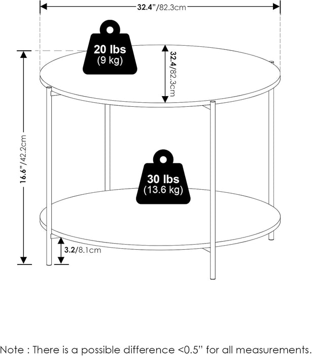 BESI Coffee Table, 2-Tier round Coffee Table with Storage, Shelf and Metal Legs, for Living Room, Light Marble