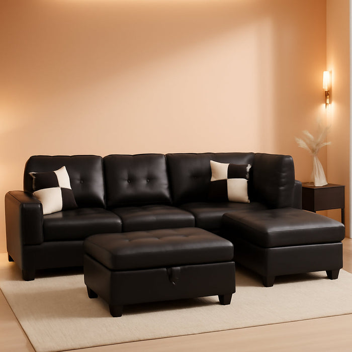 Sectional Sofa Faux Leather Modern L Shaped Couch Set 103.5”Wide Including Chaise and 3 Seating Sofa with Storage Ottoman for Living Room Furniture (Right Hand Facing, B-Black)
