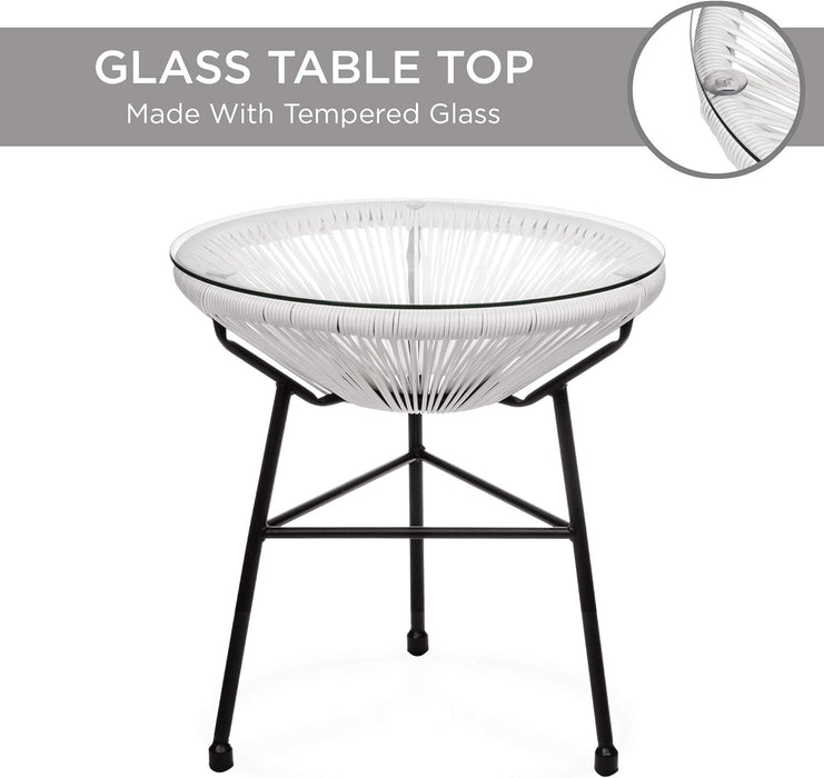 3-Piece Outdoor Acapulco All-Weather Patio Conversation Bistro Set W/Plastic Rope, Glass Top Table and 2 Chairs - White