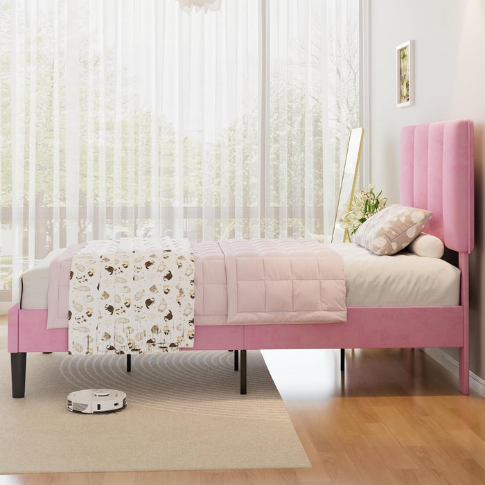 Twin Size Bed Frame with Upholstered Headboard, Velvet & Pink