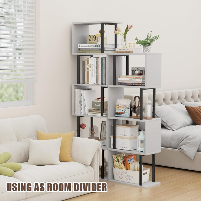 5-Tier Bookshelf, Narrow S-Shaped Geometric Bookcase, Wood Decorative Storage Shelving, Modern Freestanding Display Shelves, Book Shelf Unit for Living Room Bedroom Home Office, White