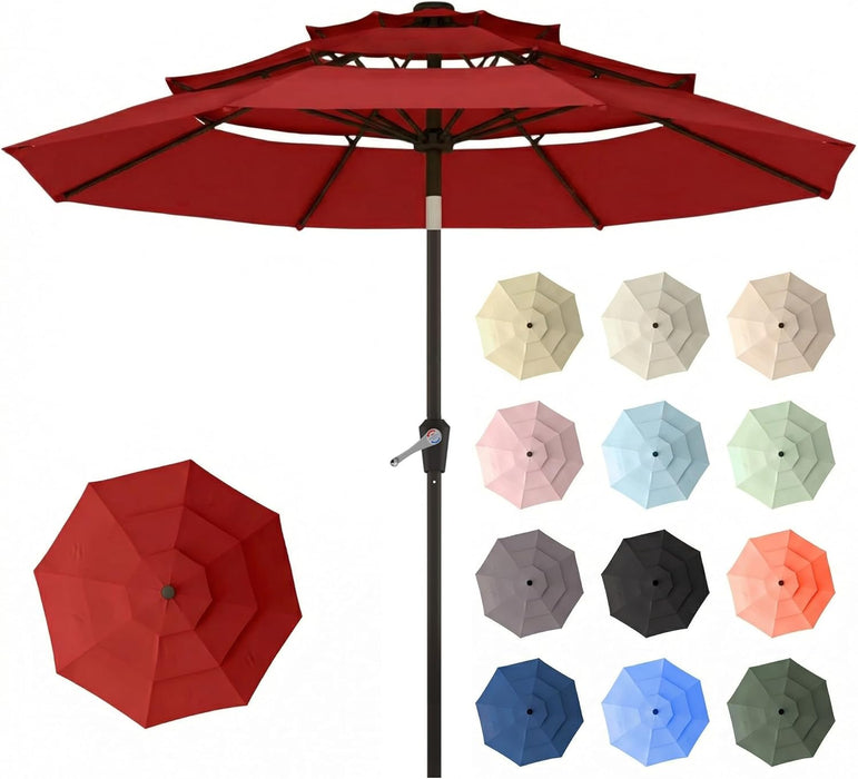 10Ft Patio Umbrella, 3 Tier Outdoor Market Table Umbrellas with 8 Fiberglass Ribs and Push Button Tilt, Windproof, Vented Canopy, UV Protection for Deck, Pool, Backyard, Red