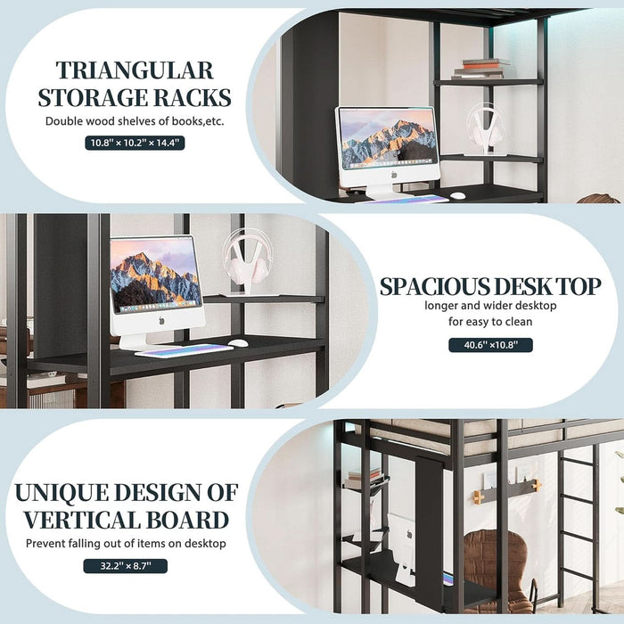 Loft Bed with Desk, Metal Loft Bed Twin Size with 2 Built-In Ladders, with Safety Guard,Space-Saving Bed Frame, Noise Free for Small Bedroom, Black (Twin Size)