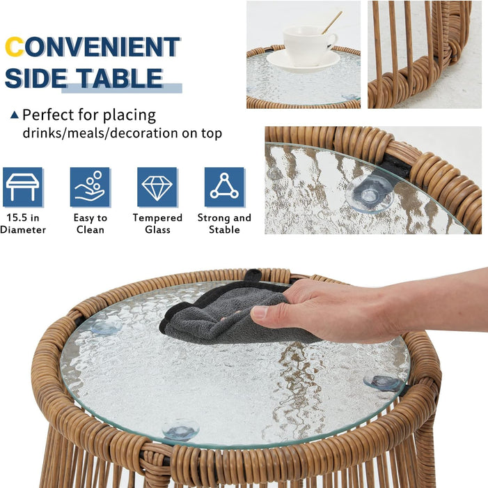 3 Piece Patio Furniture Set, L-Shaped Sectional Conversation Sofa Set with Thick Cushions and Toughened Glass Coffee Table for Backyard Balcony Garden Porch, White