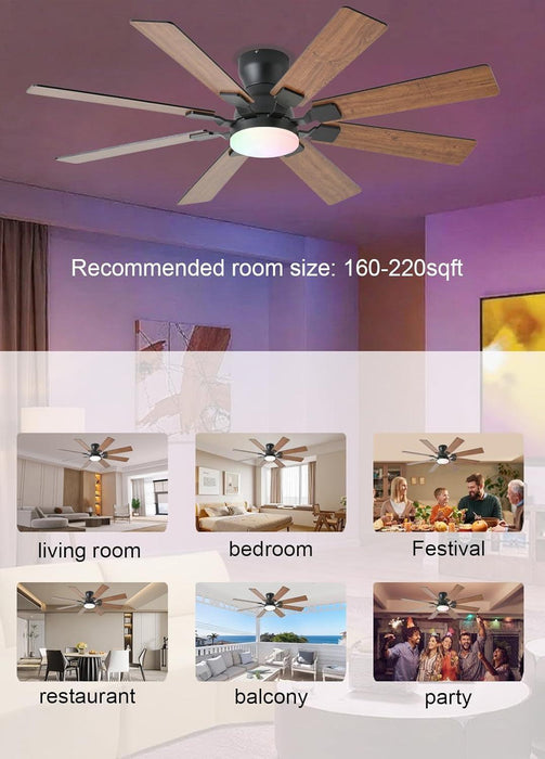 52 Inch Ceiling Fan with Light, 6 Speeds Reversible Low Profile Ceiling Fan with Light and Remote/App Control, 3 Color Temp+Dimmable RGB, 8 Blades, Flush Mount Quiet Ceiling Fans, Brown