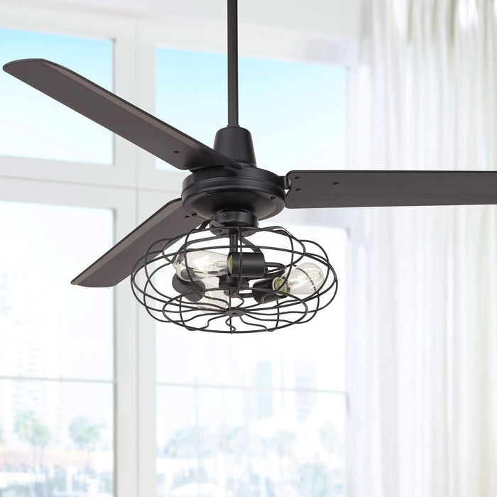 52" Plaza Rustic Industrial Vintage 3 Blade Ceiling Fan with Light Kit LED Remote Control Matte Black Cage 3-Light for House Bedroom Living Room Home Kitchen Dining Office