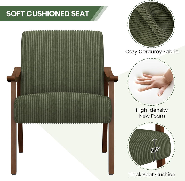 Corduroy Accent Chair, Mid-Century Modern Armchair with Solid Wood Legs, Reading Leisure Chair with High Back for Living Room Bedroom Waiting Room Dark Green