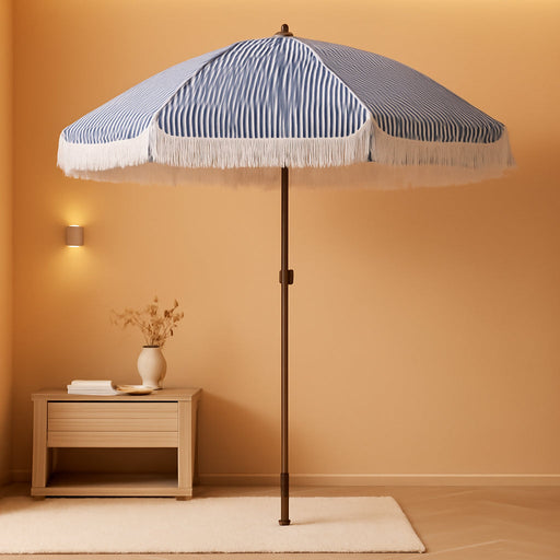 7.5Ft Patio Beach Umbrella with Fringe & Tassel, UPF50+ Push Button Tilt & Crank, Ideal for Garden, Lawn, Deck, Yard & Pool