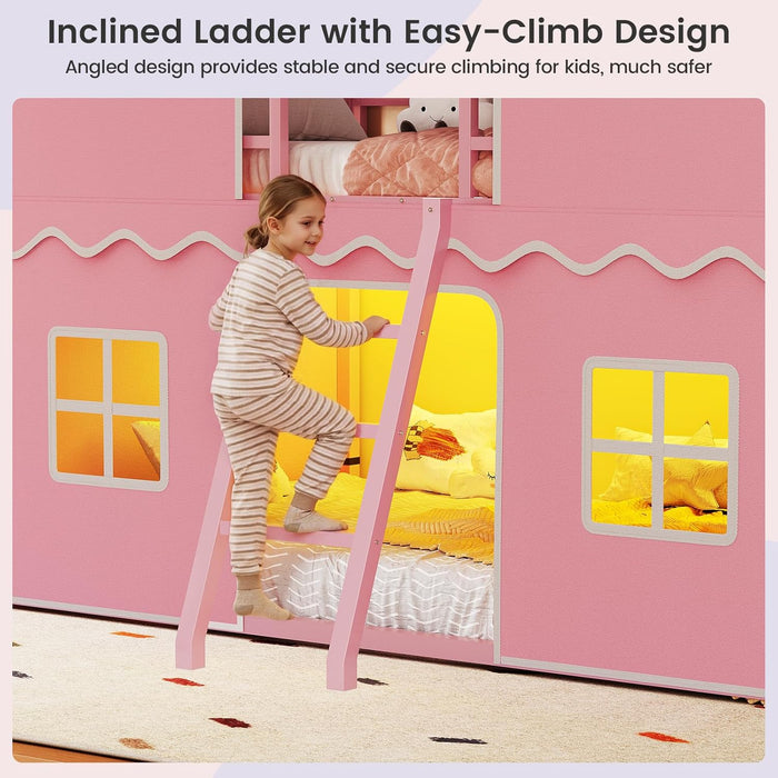 Pink Twin Over Twin Bunk Bed With LED Lights And Play Curtain