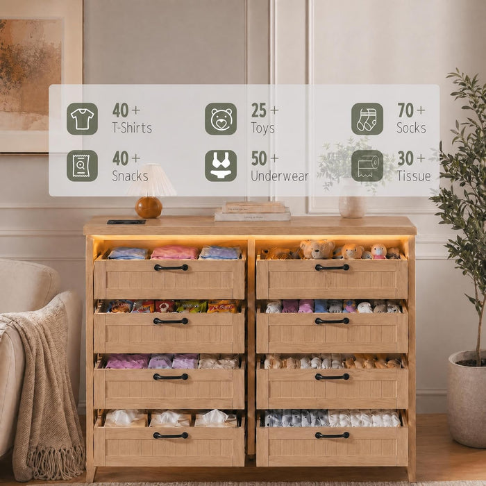 8 Drawer Chest Dresser with LED Lights and Charging Station, Smart RGB App & Remote Control, Built-In USB-A Type-C AC Outlets, Wood Storage Cabinet 44.9" Tall for Bedroom Living Room