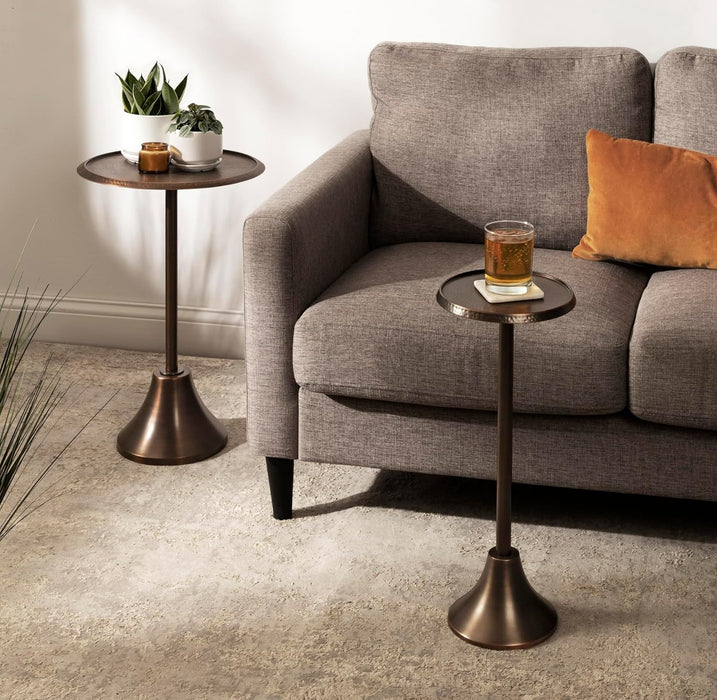 Sanzo Modern Pedestal Drink Table, 9 X 9 X 23, Bronze, Decorative End Table with Hammered Tabletop