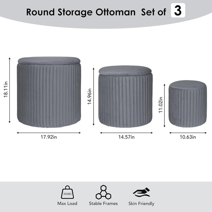 Ottoman Coffee Table,Round Ottoman with Storage Set of 3,Vanity Stool with Storage for Bedroom, Small Velvet Foot Stool for Living Room