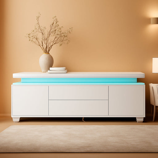 TV Stand with LED Lights & Power Outlet, Modern Entertainment Center for 32/43/50/55/65 Inchs Tvs, Table, Universal Gaming Media Stand Storage Cabinet and Large Storage, White