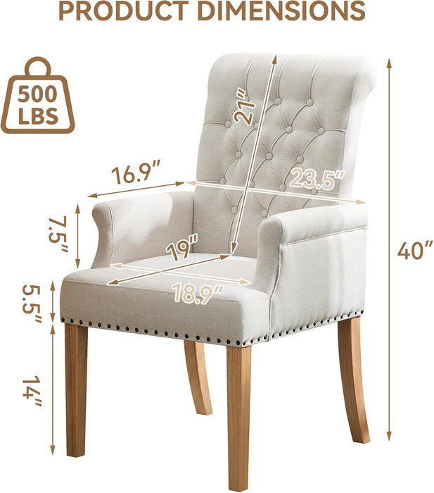 Fabric Dining Chair with Arms, Upholstered Tufted High Back Dining Room Chairs, Accent Armchair with Solid Wood Leg and Nailhead Trim, Kitchen Dining Living Room, Beige