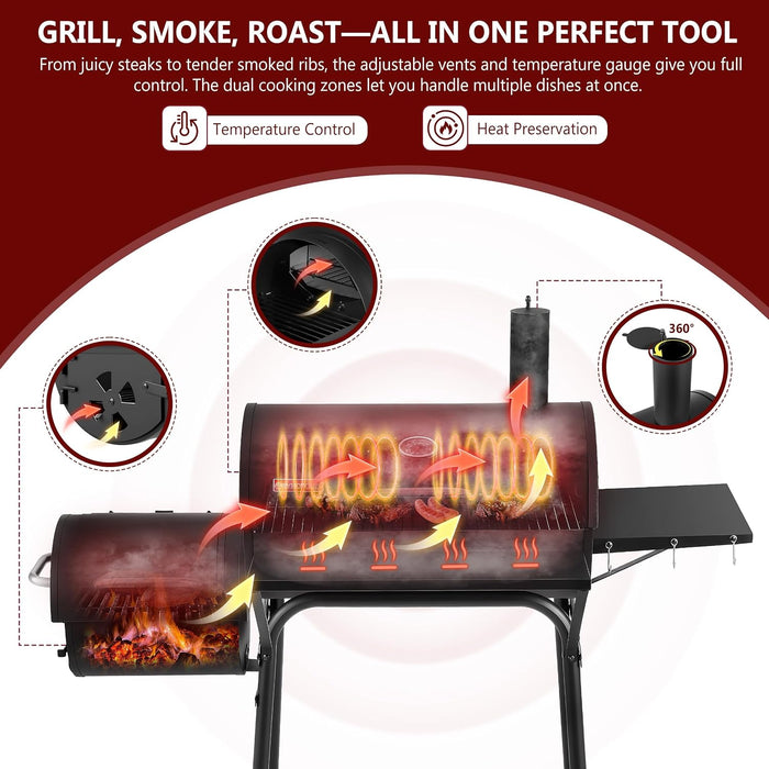 Charcoal Grill Offset Smoker, 744.5 Sq.In Outdoor BBQ Smoker Grill with Side Fire Box, 4-Position Charcoal Pan, Built-In Thermometer, Side Table & Wheels for Backyard Patio Camping