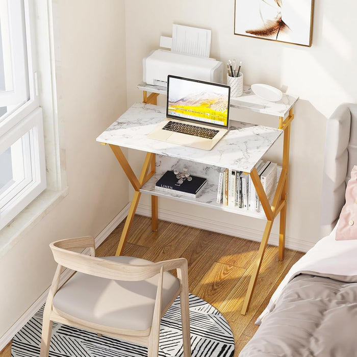 Small Desk, 27.5 Inch Small Computer Desk for Small Spaces, Compact Desk with Storage, Tiny Desk Study Desk with Monitor Stand for Home Office, White Marble + Gold Leg