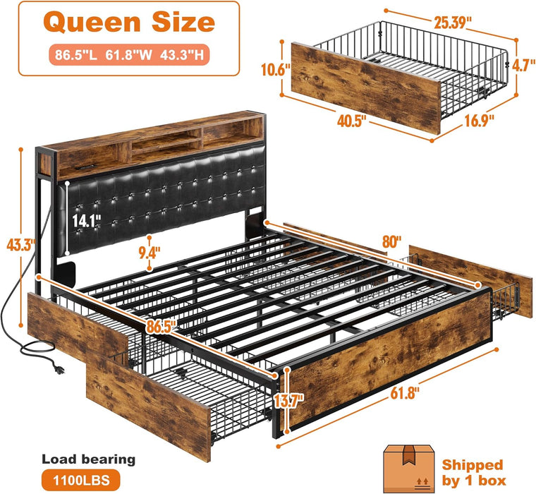Queen Bed Frame with 4 Storage Drawers, Bed Frame Queen Size with Upholstered Headboard and Built in Charging Station, No Noise, Metal Support, No Box Spring Needed,Vintage Brown