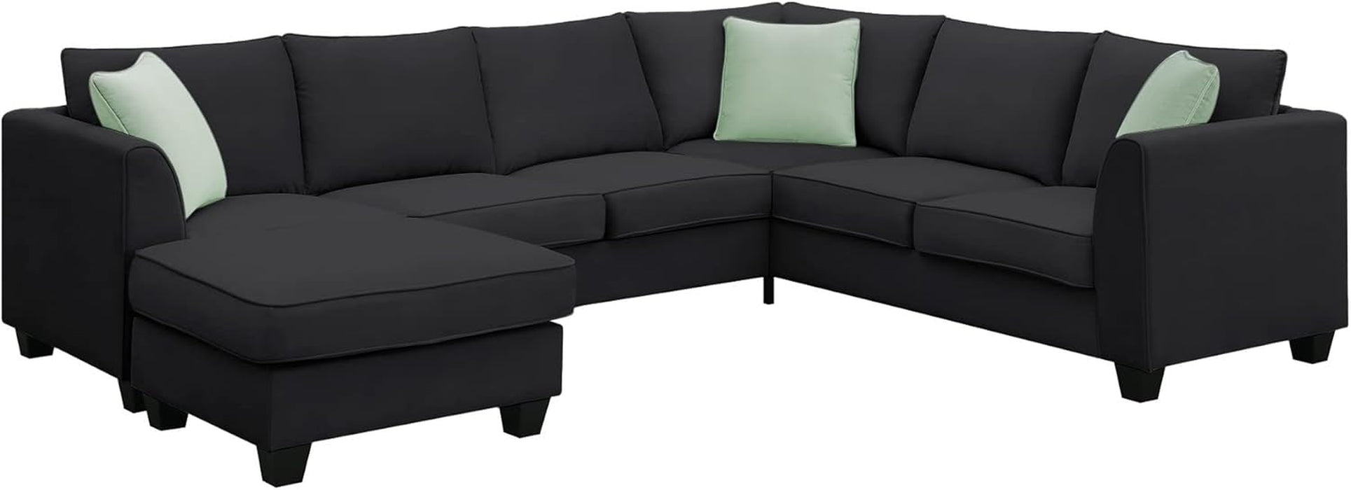 Large U Shaped Sectional Sofa with Removable Ottoman for Living Room, 7 Seats Modular Sofa with Wide Chaise Lounge & 3 Pillows, 112” Fabric Corner Couch Set for Large Space, Black