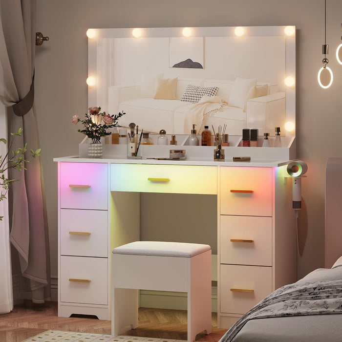 Vanity Desk with Stool for Women Designed for Bedrooms or Apartments, Featuring a Lighted LED Mirror, Built-In Power Outlet,Organized Storage for Daily Beauty Routines,White
