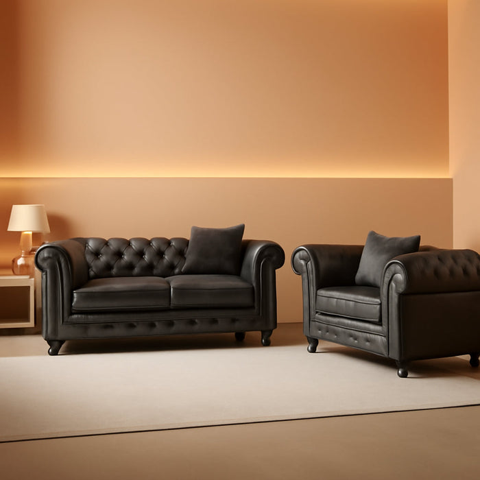 2 Piece Living Room Sofa Set,Button Tufted Couch and Loveseat Set with Nailhead Trim&Roll Armrest,Upholstered Mid Century Modern Couch,Chesterfield Sofa for Living Room,Office(Loveseat+3 Seater,Grey)