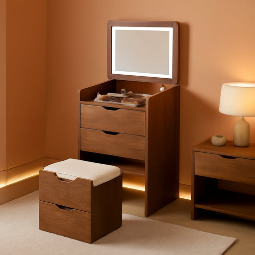 3 in 1 Small Vanity Desk with Mirror and Lights, Space Saving Makeup Vanity with Hidden Stool & Storage, Compact Vanity Table with 3 Color LED Mirror for Bedroom