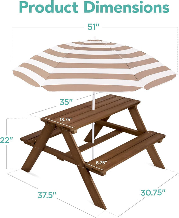 Kids Wooden Picnic Table, Outdoor Activity & Dining Table W/Adjustable Collapsible Umbrella, Built-In Seats - Walnut/Beige