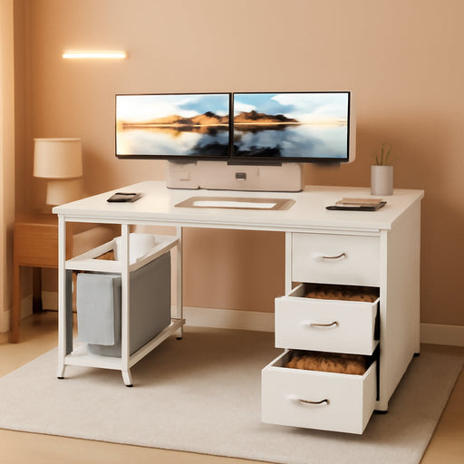 51 Inch Computer Desk with Fabric Drawers & USB Power Outlets- Reversible Home Office Desk with Storage Shelves, Work from Home, Modern Work/Writing/Study Table for Bedroom, White