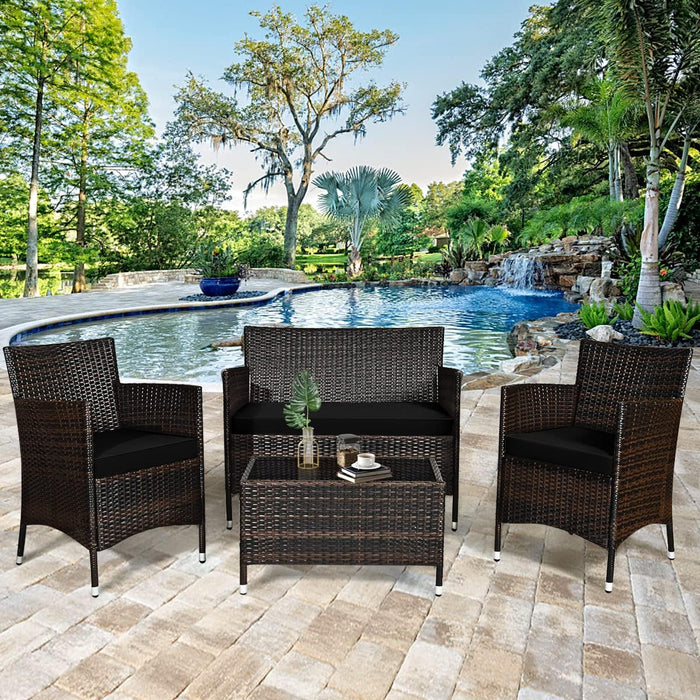 4-Piece Rattan Patio Set, Outdoor/Indoor Wicker Conversation Set for Pool, Backyard, Lawn, Wicker Chairs and Sofa with Soft Cushion, Rattan Furniture with Tempered Glass Coffee Table